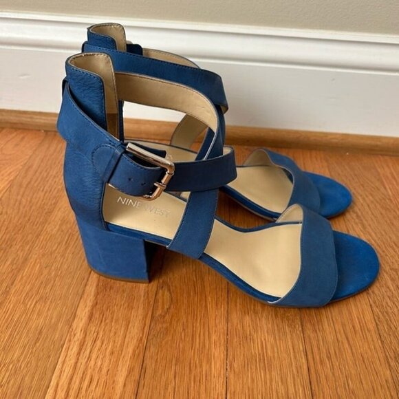 Nine West Cobalt Royal Blue Open Toe Sandal Heels Pumps Women’s Size 10 - Picture 3 of 9